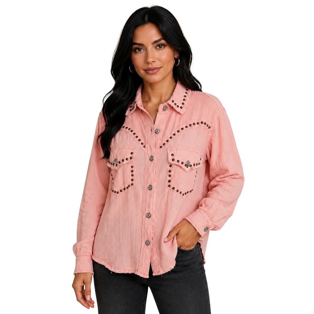POL Studded Western Gauze Button Down Raw Hem Oversized Shirt Womens Medium Pink